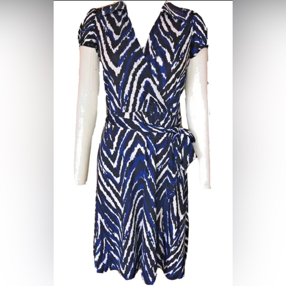 INC Black Blue White Belted Faux Wrap Zebra Dress
